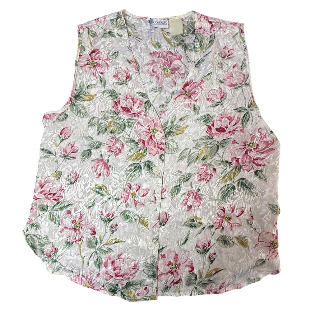 Cottage Core Basic Floral Button Front Top Pink Green Blouse Shirt Size S/M